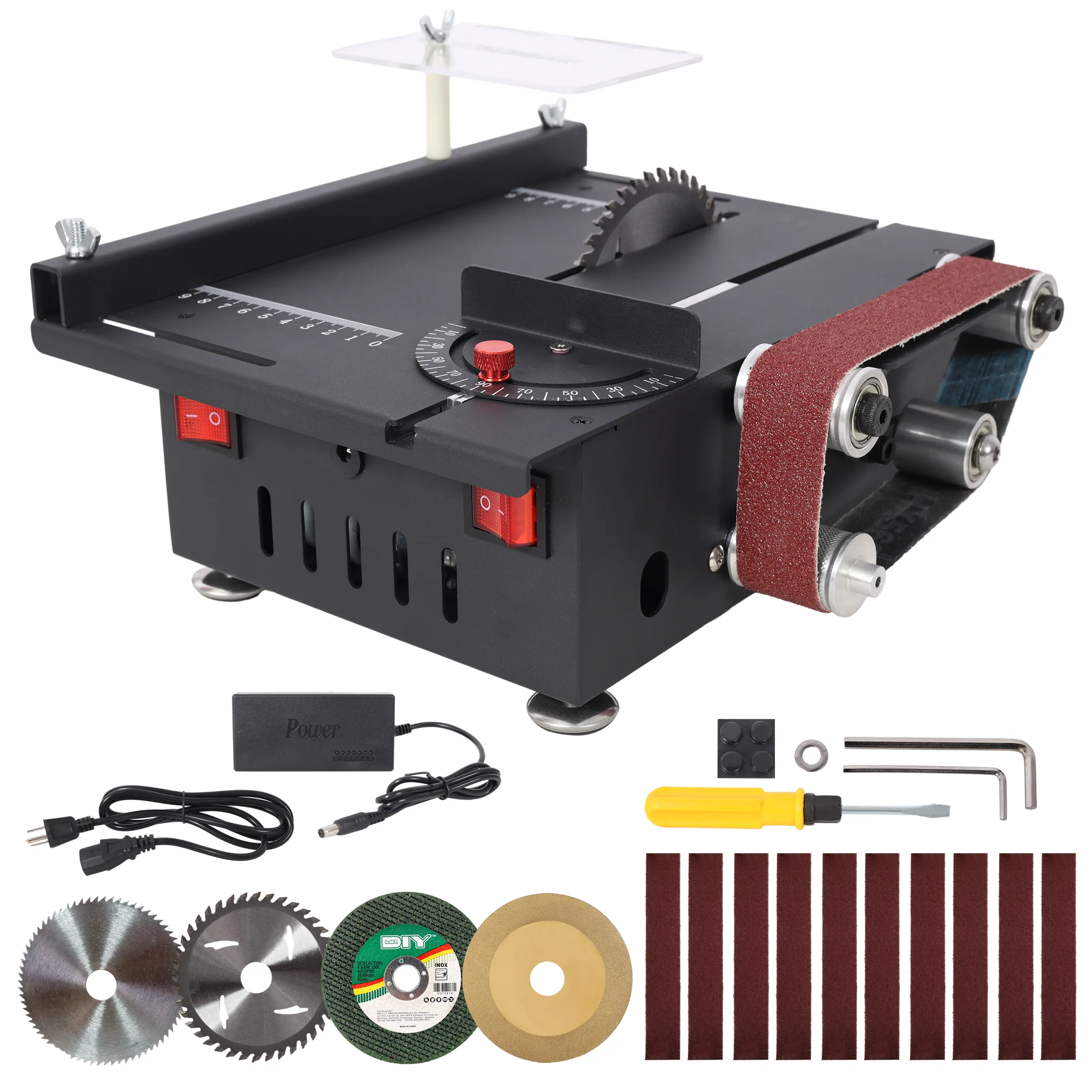 Mini Table Saw,Belt Sander,7 Gear Adjustable 0-90° Angle, Available for Wood/PCB/Acrylic/Plastic,DIY Model Crafts Cutting Tool