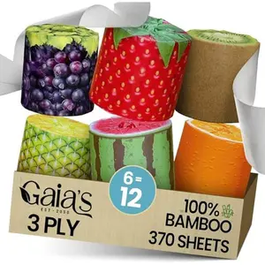 Gaias Premium and Soft FruiTP Organic Bamboo Toilet Paper | 6 Mega Rolls, 3 Ply, 370 Sheets | FSC Certified, PFAS & BPA Free, Eco-Friendly, Sustainable Tissue - Plastic Free Packaging, Septic Safe