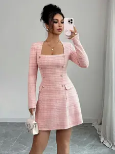 Elegant Women's Long Sleeve Square Neck Slim Fit Woven Dress, Fitted, Stylish Design Highlighting Figure, Perfect for Casual & Formal Occasions