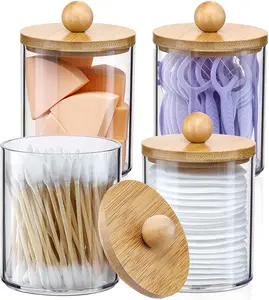 4 Pack Qtip Holder Dispenser with Bamboo Lids - 10 Oz Clear Plastic Apothecary Jar Containers for Vanity Makeup Organizer Storage - Bathroom Accessories Set for Cotton Swab, Ball, Pads, Floss VITEVER