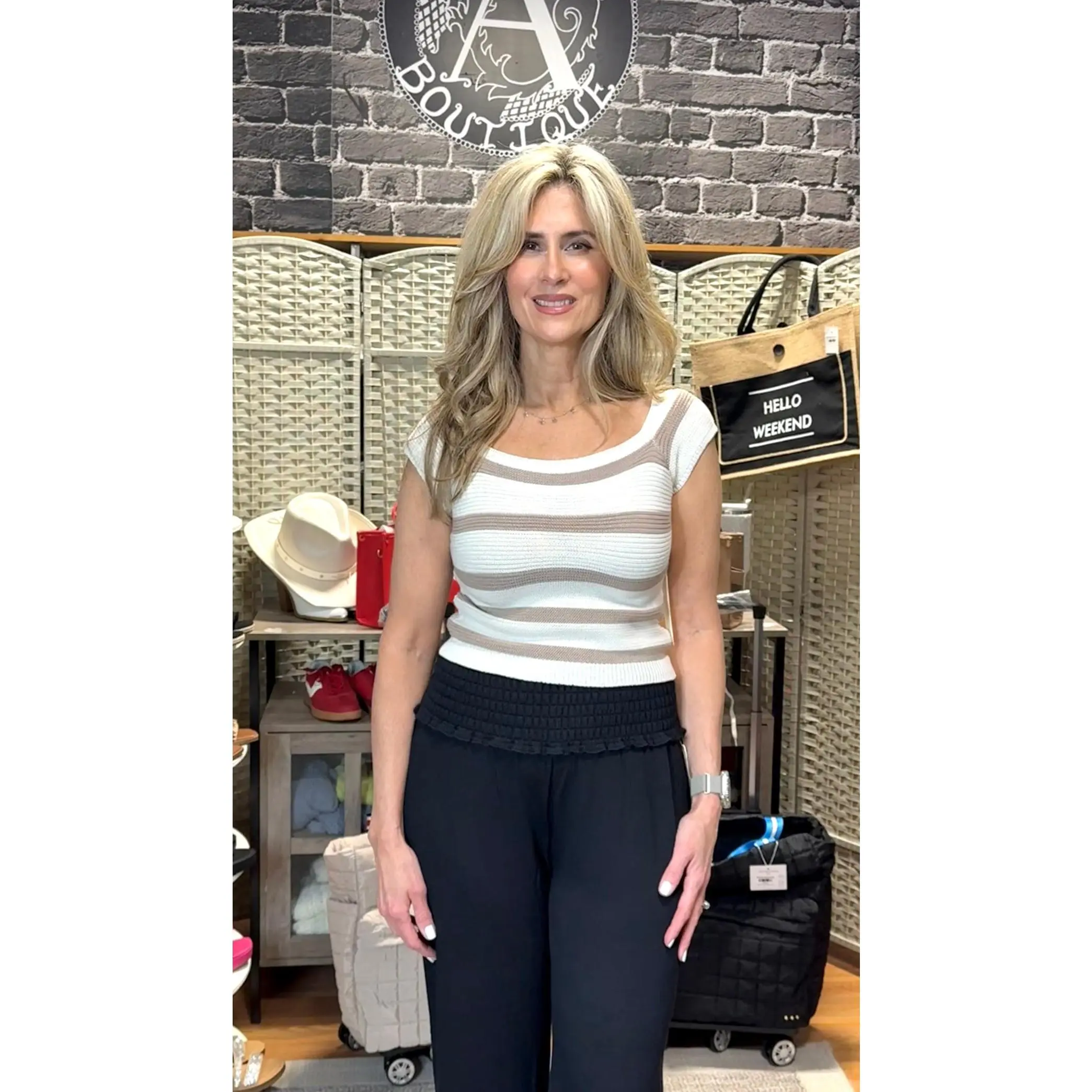Taupe/Ivory Stripe SS sweater