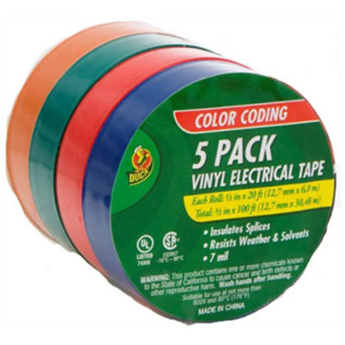 Duck 07205 Vinyl Electrical Adhesive Insulating Tape, 5-Pack Multi-Roll Non-Conductive Tool for Hardware Applications, UL Listed, Multi-Roll Insulating Tape