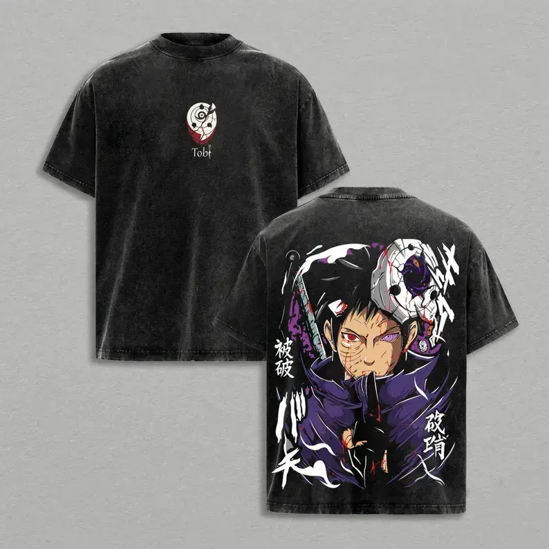 Vintage Washed Anime Graphic Tee Men's Oversized Obito Shirt Japanese Ninja Streetwear Cotton T-Shirt Sharingan Eyes Tops Retro Y2K Aesthetic Clothing For Gamers Anime Lovers Merch Casual Everyday Wear Trendy TikTok Fashion Mens Summer Cool Graphic Tees