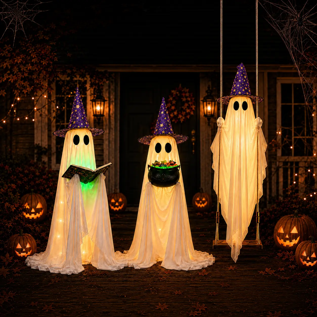 13FT Lighted Hanging Ghost Swing Halloween Outdoor Decor, Large Glowing Ghost with 2 Witch Hats, 3 Bats, Remote Control, 8 Light Modes, Adjustable Rope for Porch, Yd, Tree Party Decorations