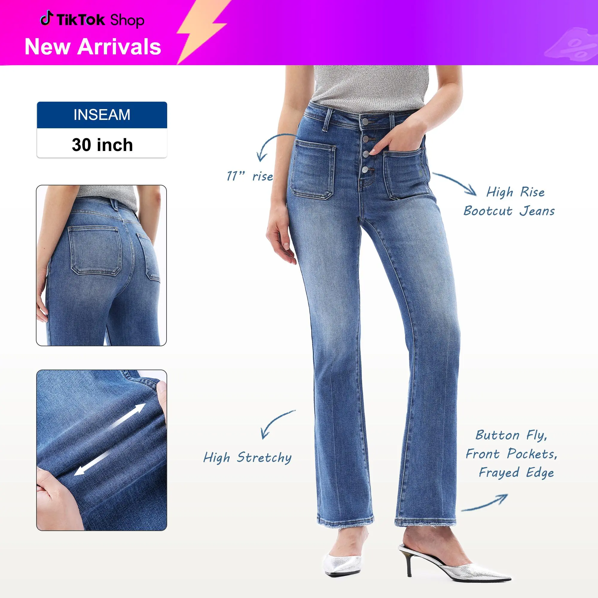 [NEW COLLECTION] Women's High Waisted Bootcut Denim Jeans Patch Front Pockets Deisgn Buttons Fly Bottom Pants