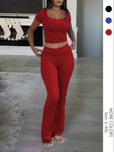 Women's Solid Color Fitted Tee & Flare Leg Pants Two-piece Set, Casual Basic Fashion Cozy Two Piece Outfits for Daily Outdoor Wear, Women Clothes for Summer, Outfit Sets Women, Womenswear