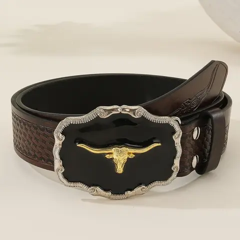 Men Western Cowboy PU Leather Belt, Vintage Embossed Waist Belt with Longhorn Bull Skull Ornate Metal Buckle for Jeans