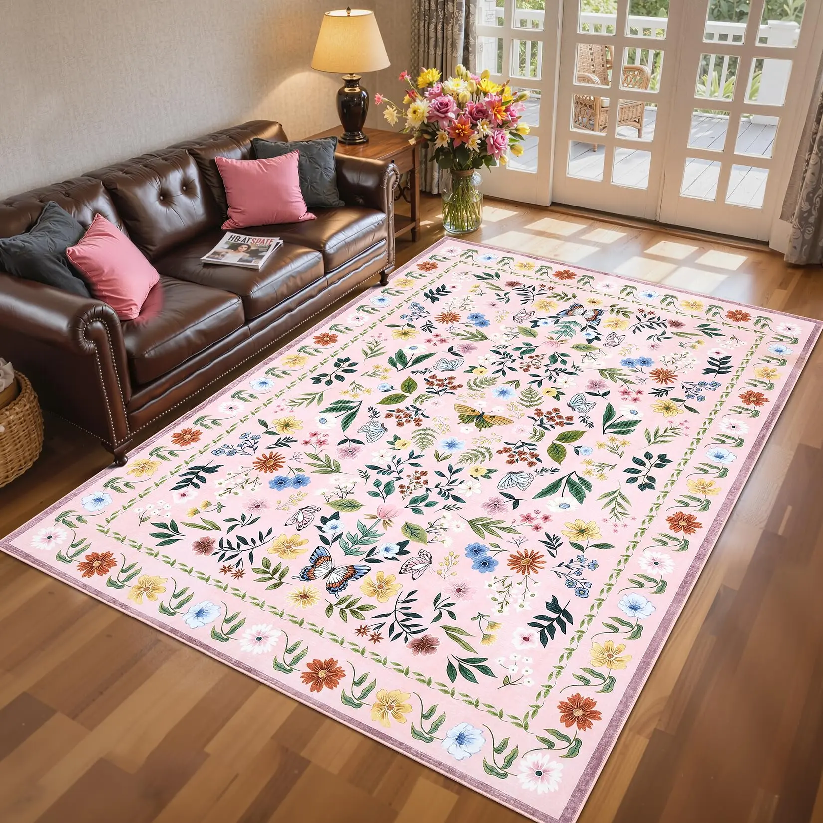 8x10 Area Rugs for Living Room Floral Butterfly Rug Washable Rug Modern Rugs for Bedroom Stain Resistant Throw Carpet Low Pile Folding Floor Cover for Nursery Playroom Apartment，Pink