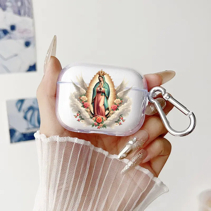Heavenly Virgin Grace Pattern TPU Soft Protective Case for Apple AirPods 4/3/2/1/Pro/Pro2 Transparent Earphone Cover with Keychain Attachment