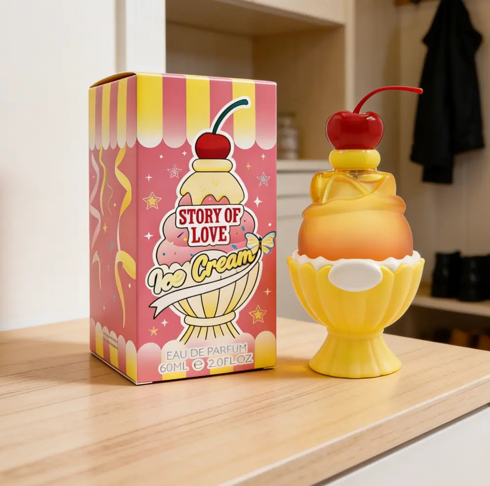 STORY OF LOVE Cute Yellow Ice Cream Perfume for TeenGirls & Women - 2.0 fl oz Sweet Fruity Fragrance Spray, LongLasting Floral Scent with Cherry Cap, Romantic Gift