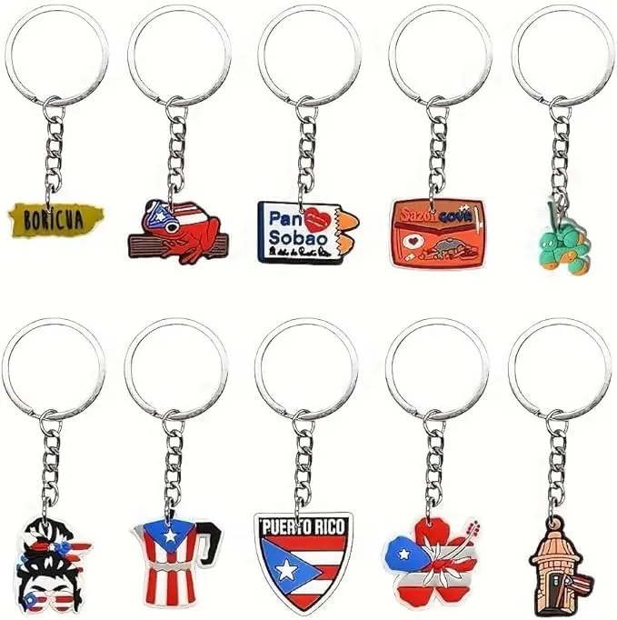 10pcs Puerto Rico PVC Keychain Souvenir Charms, Puerto Rican Gift Bundle, Bulk Puerto Rico Bundle Set PR Souvenirs
