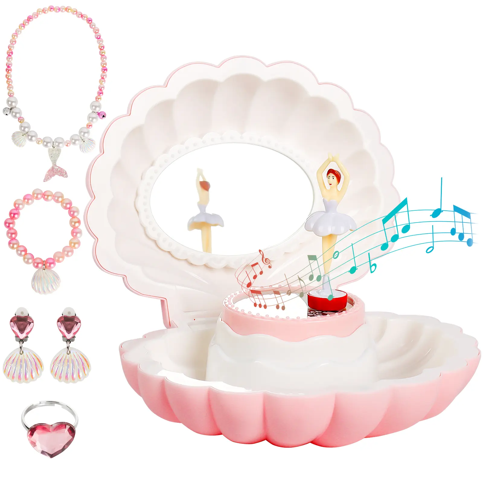Music Box with Jewellery Set, Ballerina Jewelry Box for Girls, Daughters, Nieces, Musical Jewellery Box with LED Mirror for Birthday, Christmas, Children's Day, Kids Storage Box for Gift