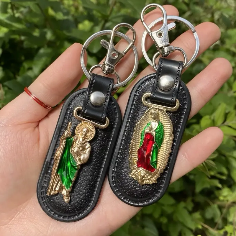 San Judas Tadeo / Virgencita Stainless Steel  and Leather Keychain keychains/ gift