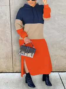 Women's Colorblock Hooded Drawstring Sweatshirt Dress, Casual Wear Fitted Design, Moderate Fabric Thickness, Perfect for Fall & Winter Seasons