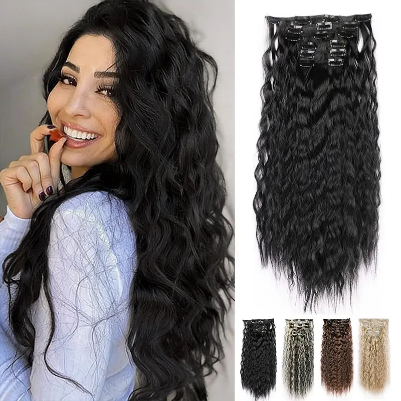 22 Inch Body Wave Clip Hair Extensions, Bohemian Mermaid Loose Wave Synthetic Pieces, 6-Piece Full Volume Set, Synthetic Curly Wavy, Synthetic Extensions & Pieces