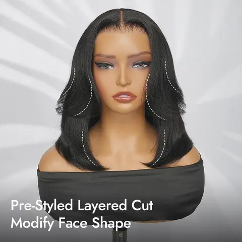 Wiggins Hair 200% Density Glueless Layered Cut Yaki Straight Bob Wig 7*5 Lace Closure Wigs Human Hair Ready To Go And 13*4 #99J Bob Wig Pre Plucked Beginner Friendly