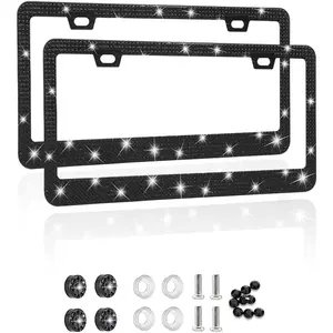 2 count Bling License Plate Frame, Sparkly License Plate Tag Cover with Multifaceted Rhinestones, Stainless Steel  License Plate Holder (Black)