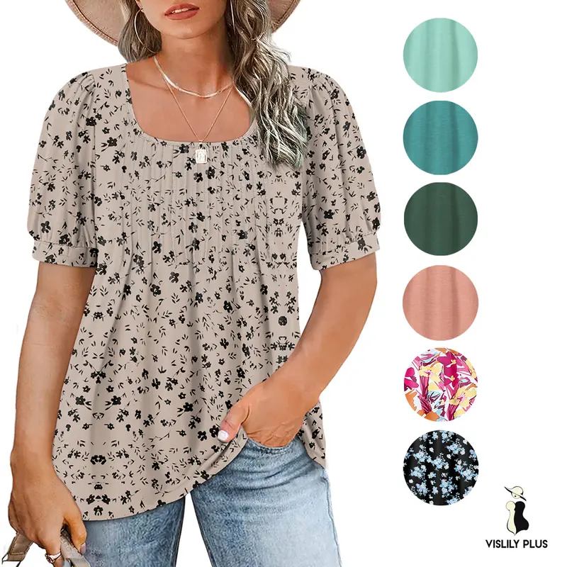 Vislily Plus Size Women’s Floral Short-Sleeve Puff Blouse - Scoop Neck, Pleated, Flowy, Baggy Tunic, Comfortable, Great Fit, Hip, Lightweight Casual Trendy Shirt, 2XL-5XL (2XL,4XL Included) RPS2093, Women’s Plus Size Tops