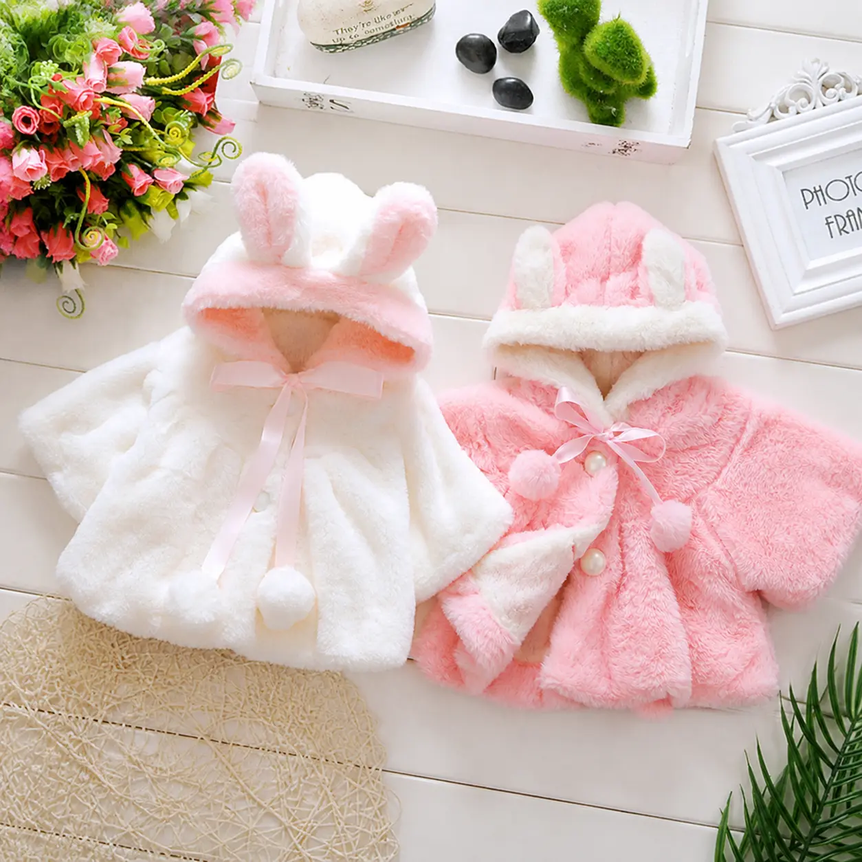 Baby Girl Faux Fur Coat Pearl Button Bow Cute Bunny Ear Hooded Outwear Thick and Warm Jacket