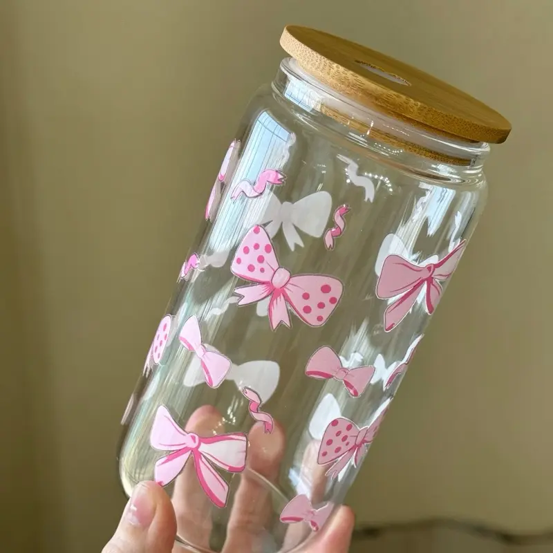 16oz Pink Bow Glass Cup- Straw and Straw Cleaner Included