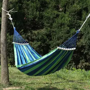 Canvas & Wood Hammock, Blue-Green Striped, 129.9x59.1 Inches, Extra Large Double Hammock, 500 LBS Weight Capacity, Portable with Storage Bag & 2x9.8ft Tree Ropes, Includes Installation Manual, for Out