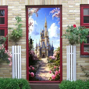 2pcs Disney Princess Castle Wall Sticker Fairy Tale Dream Castle Door Decal Self Adhesive Removable PVC Wall Art for Kids Room Bedroom Living Room Home Decor Pink Cherry Blossom Castle Door Mural De