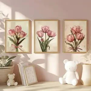 3pcs Spring Tulip Bouquet Watercolor Floral Wall Art Set Artwork, Wooden Frame Living Room Decoration, Romantic Fresh Elegant Flower Hanging Paintings