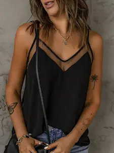 Women's Plain Contrast Mesh Sheer Cami Top, Casual Adjustable Spaghetti Strap Top for Summer, Women's Clothing for Daily Wear, Minimalist Womenswear, Camisole Tops, Casual Comfy Cami