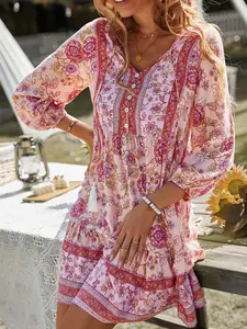 Women's Floral Print Tie Neck Dress, Boho Casual Long Sleeve Dress for Beach Vacation Holiday, Ladies Clothes for Spring