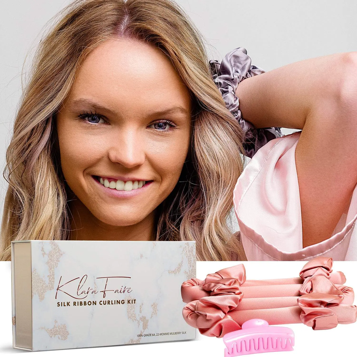 Klara Faire™-  100% Silk ribbon Curler and Scrunchies Set - Rose Gold