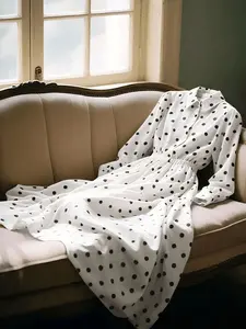 Elegant Lace V-Neck Polka Dot Long Sleeve Maxi Dress, Womenswear, Office Wear Casual Wear Summer New Arrival, Boho Summer Dresses, Stylish and Sweet Women's Clothing