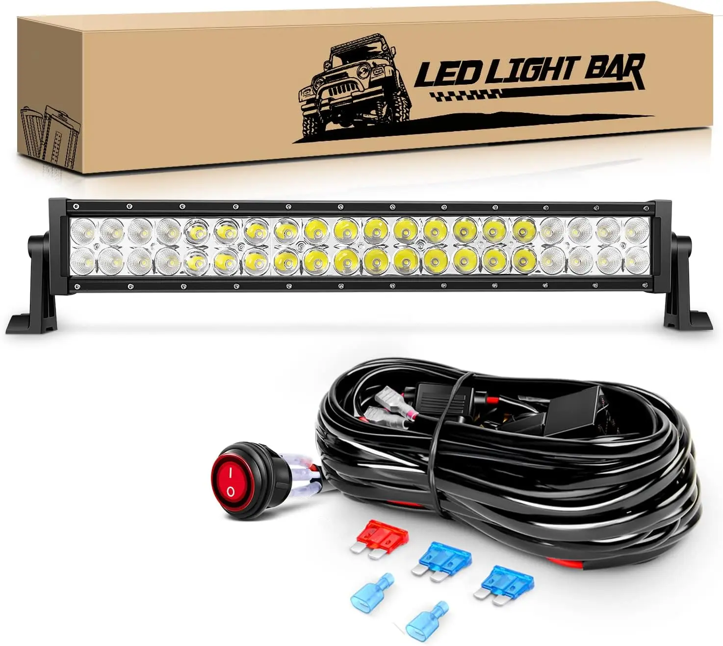 GOOACC 22in 120W Power Combo Light Bar - Off-Road Work Light with 16 AWG Wiring Harness Kit (Includes Harness) for Trucks, Jeeps, 2-Year Warranty, White (Auto-701)