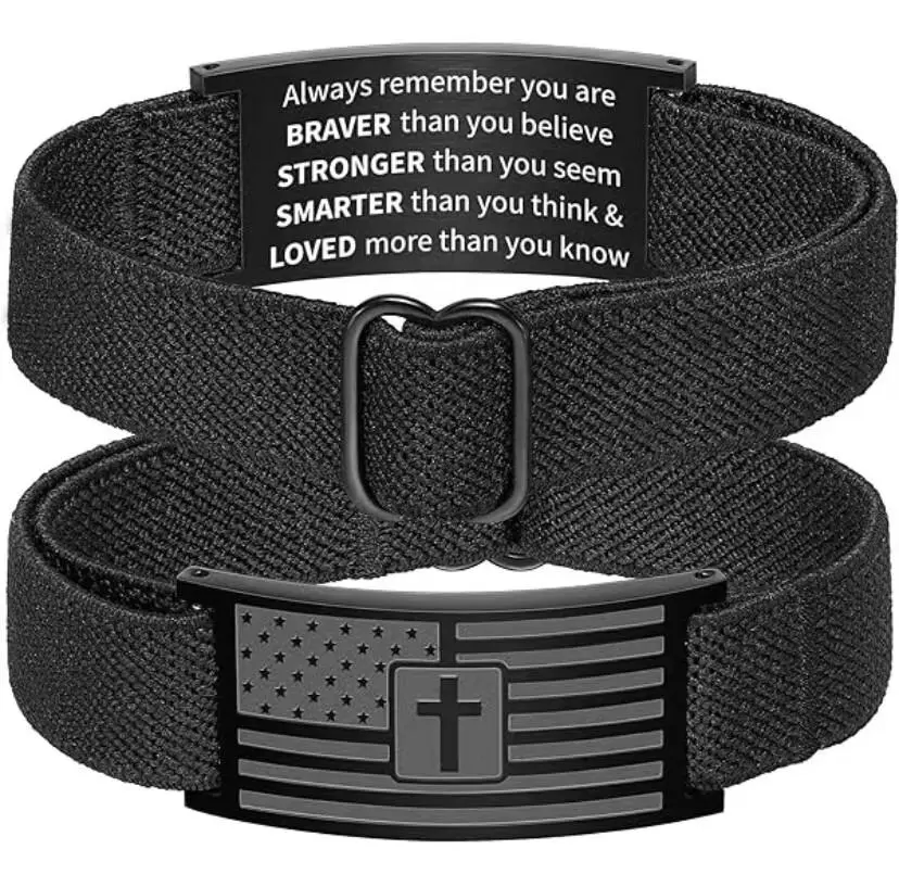 .C American Flag Cross Bible Verse Bracelet for Men - Black Elastic Strap Christian Jewelry with Adjustable Buckle, Christian Gifts