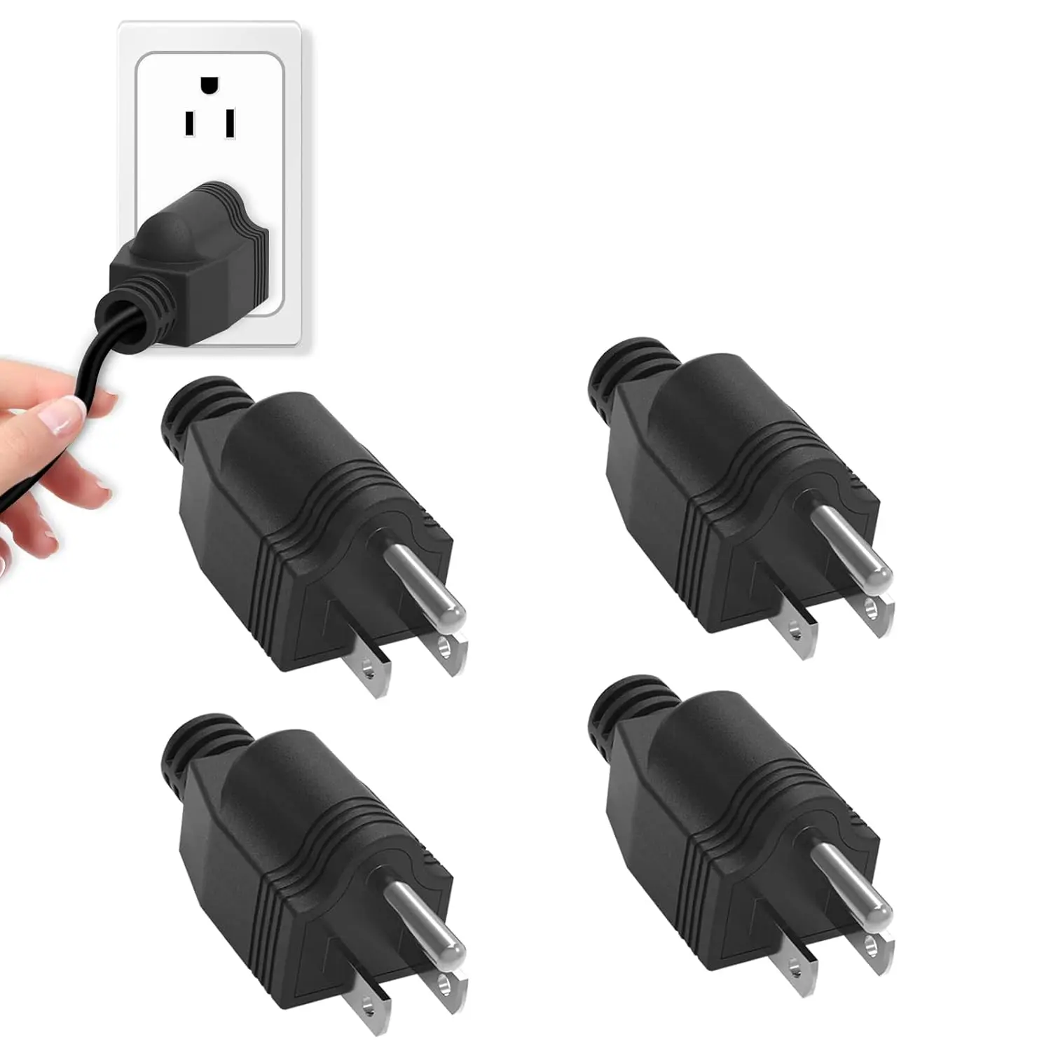 4 Black NEMA 5-15P Replacement Plugs, 10mm 2-Pole 3-Wire 15A 125V Straight Blade Copper Grounding Male Connectors with Nema 5-15P Compatibility, 3 Prong Plug Design, Quick Assembly & Wire Gauges for Standard Female Connectors, Pack Of 4 Pieces