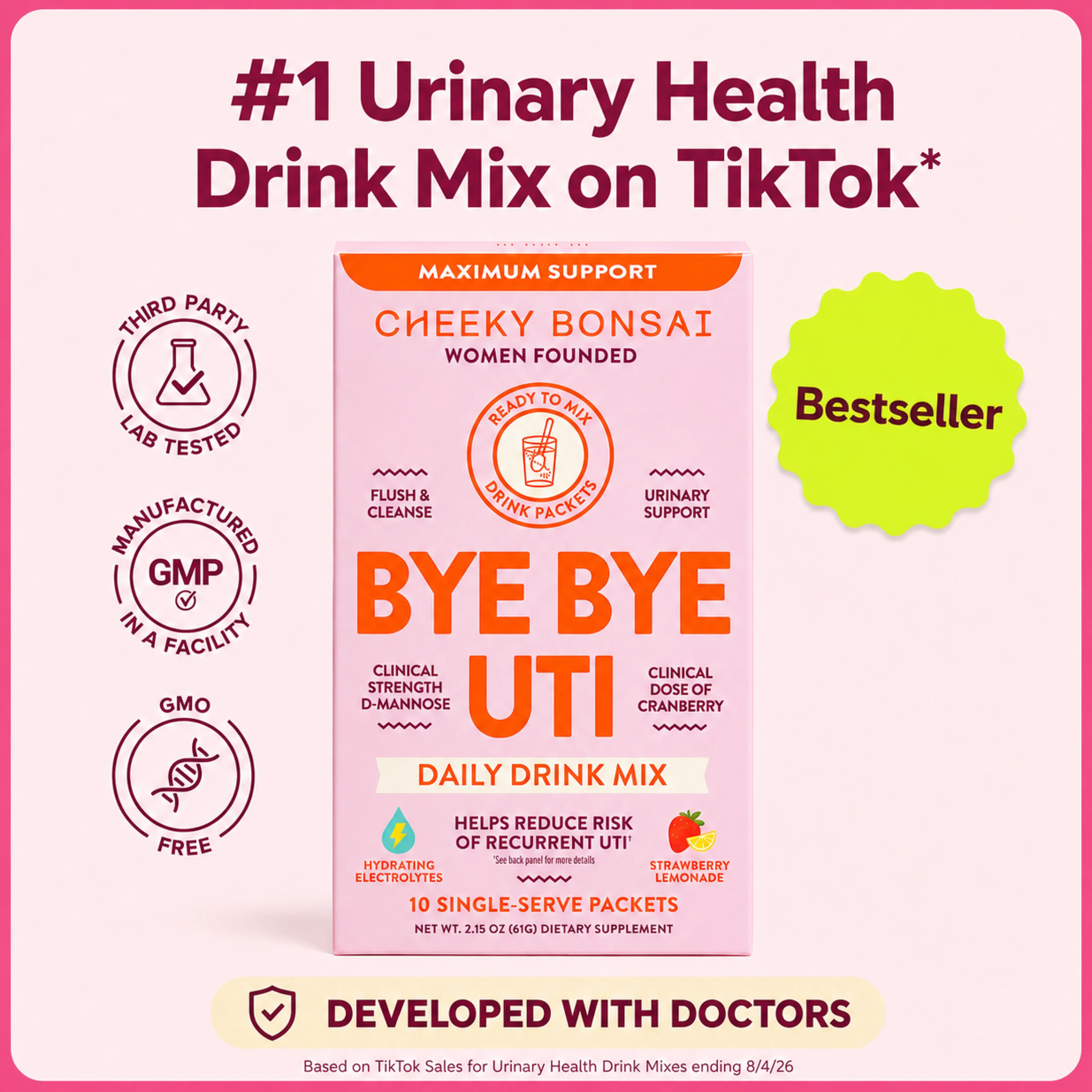 Cheeky Bonsai Bye Bye UTI Drink Mix, Cranberry & D-Mannose Urinary Tract Health Supplement for Women, Electrolyte Hydration Powder Packets with Vitamin C & B6, Strawberry Lemonade Flavor, 10 Count