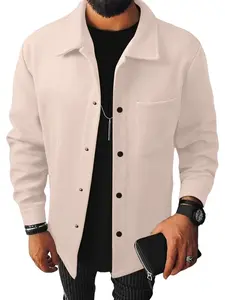 【Plus Size】 Solid Color Button Front Pocket Jacket, Regular Fit Casual Long Sleeve Stand Collar Outerwear for Spring & Fall, Men's Clothes for Daily Wear, Coats, Menswear