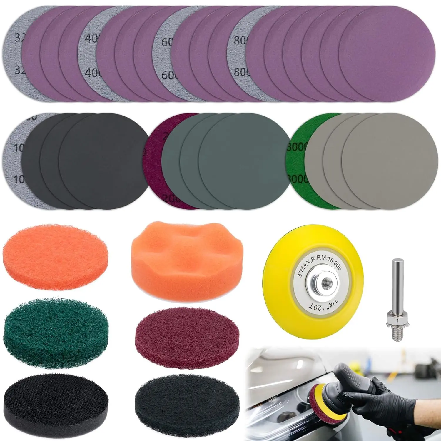 38 count  Headlight Restoration Kit, 3 Inch Automotive Headlight Sanding and Polishing Set with Sanding Discs Scouring Pads Polishing Pads Suitable for Drill, Universal for All Type of  Headlights
