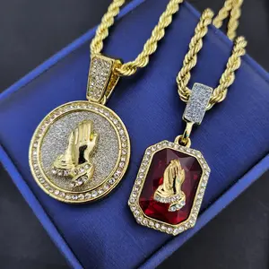 2PC Set Hip Hop Praying Hands Round & Red Gemstone Cubic Zirconia Charm Pendant & 20" 24" Rope Chain Hip Hop Jewelry Necklace