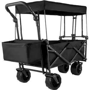 VEVOR Extra Large Collapsible Garden Cart with Removable Canopy,  Folding Wagon Utility Carts with Wheels and Rear Storage, Wagon Cart for Garden, Camping, Grocery Cart, Shopping Cart, Black