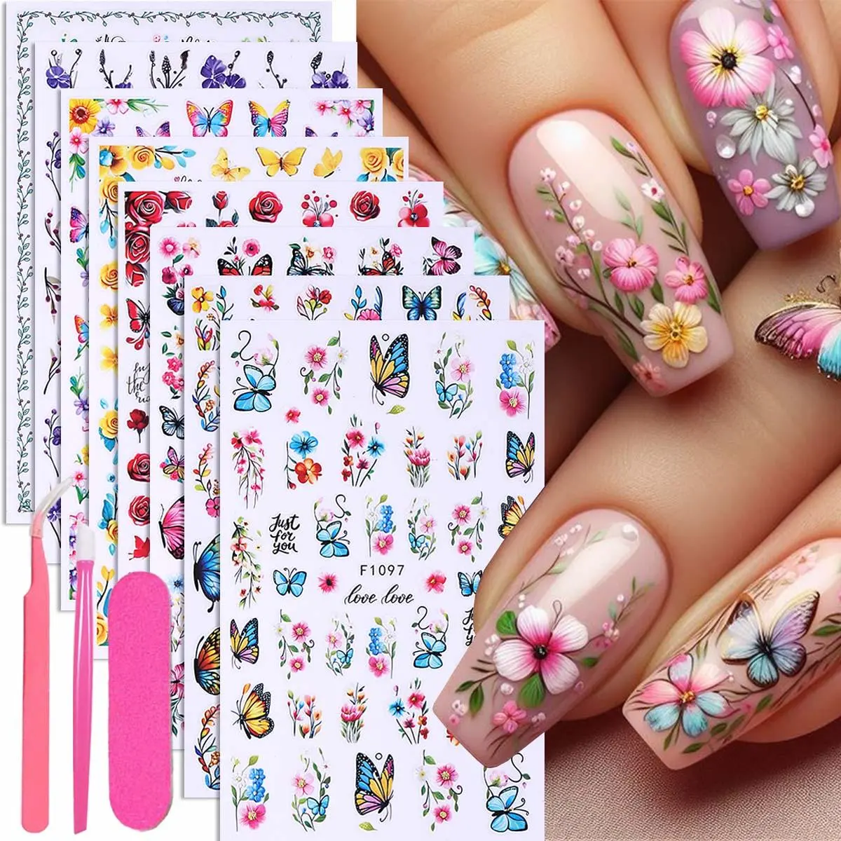 Butterfly And Flower Pattern Nail Art Sticker Set, Nail Art Tools, 11 Pieces Per Set With Tweezers, Press Stick And Nail File, DIY Nail Art Decals For Women And Girls, Nail Art Supplies, Nail Decoration Supplies