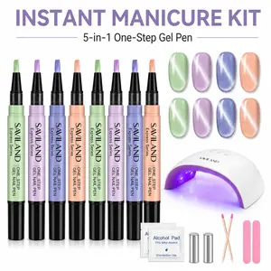 SAVILAND Cat Eye One Step Gel Nail Polish Pen Set, 4Colors 3-in-1 Gel Polish Kit with UV Lights, Polarized Cateye Nail Art Starter Kit, 8 PCS Gel Pens Total (Base, Color & Top in One)