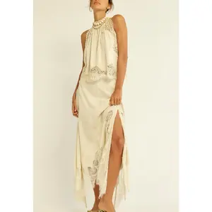 Womens Summer 2 Piece Outfits Sleeveless Mock Neck Lace Patchwork Vest Tops and Irregular Hem Long Skirt Set