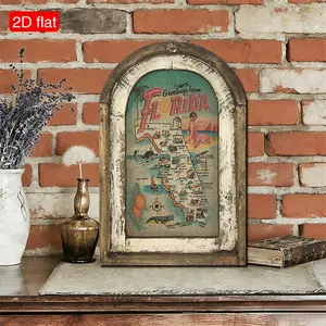 2D flat, 1 piece of Florida map wall decoration, arched window frame wooden art-printed decorative sign, citrus decoration