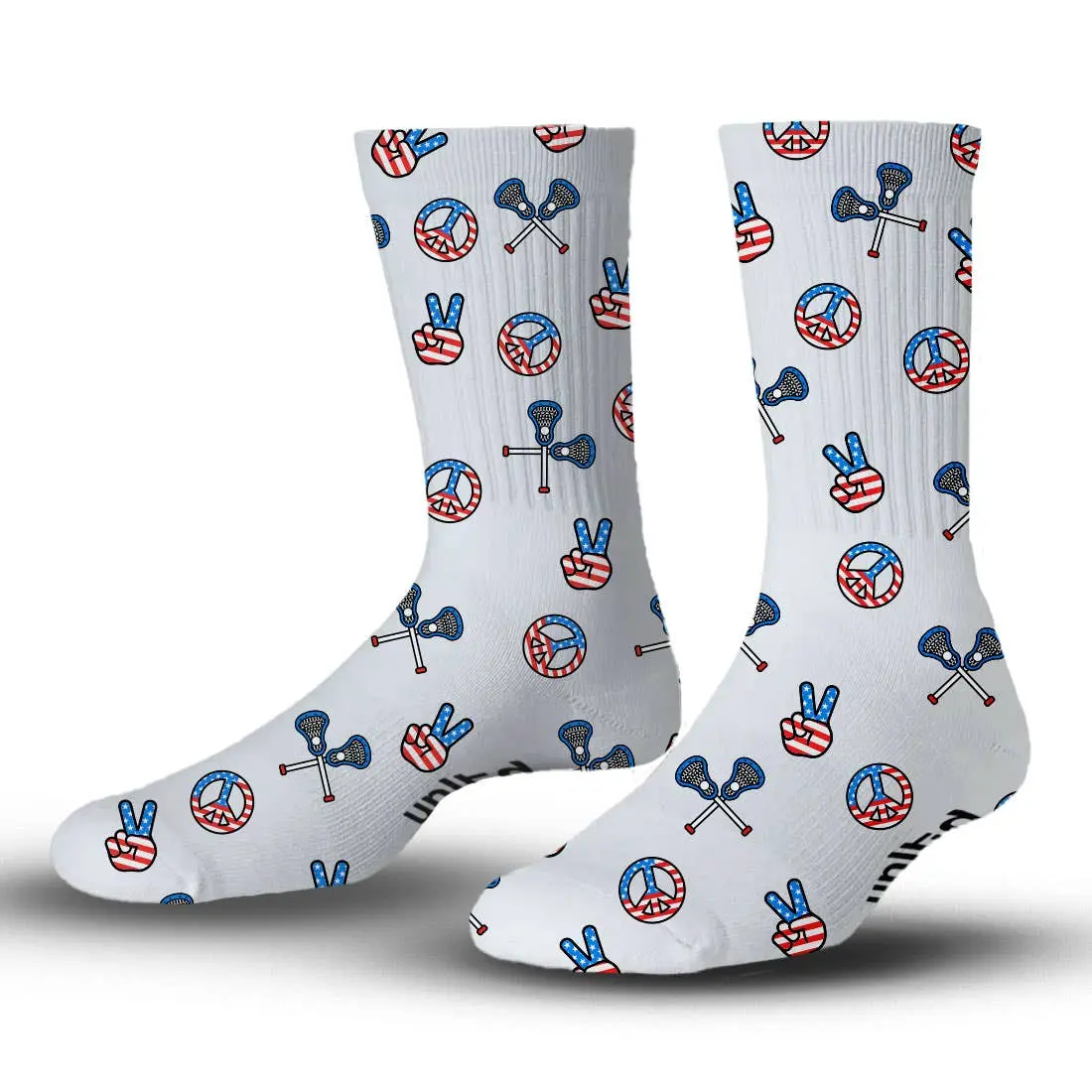 Men's Retro Crew Socks with a Limited Edition USA Peace Lacrosse Pattern, Performance Mid-Calf Athletic Fit with Spandex