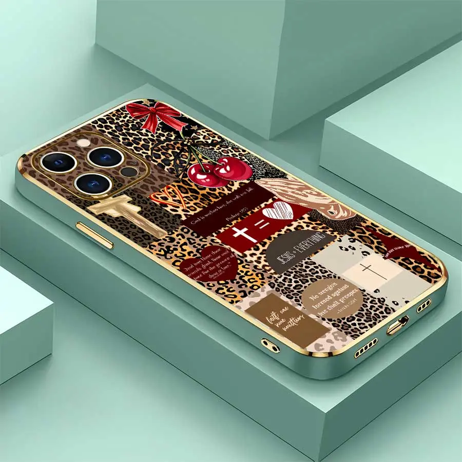 Shockproof Phone Case With Vintage Leopard Patchwork Cherry Bow Cross Scripture Pattern, Exquisite Electroplated Gold Rim, Retro American Faith Style Protective Cover, Compatible with iPhone 17 Pro Max,16,16 Plus,15,14,13,Ideal Gift for Birthday & Holiday