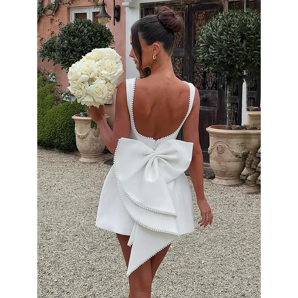 Pearl Bow Backless Sexy Mini Dress For Women Robe Fashion Zipper Sleeveless  High Waist A-line Club Party Dress Elegant - TikTok Shop
