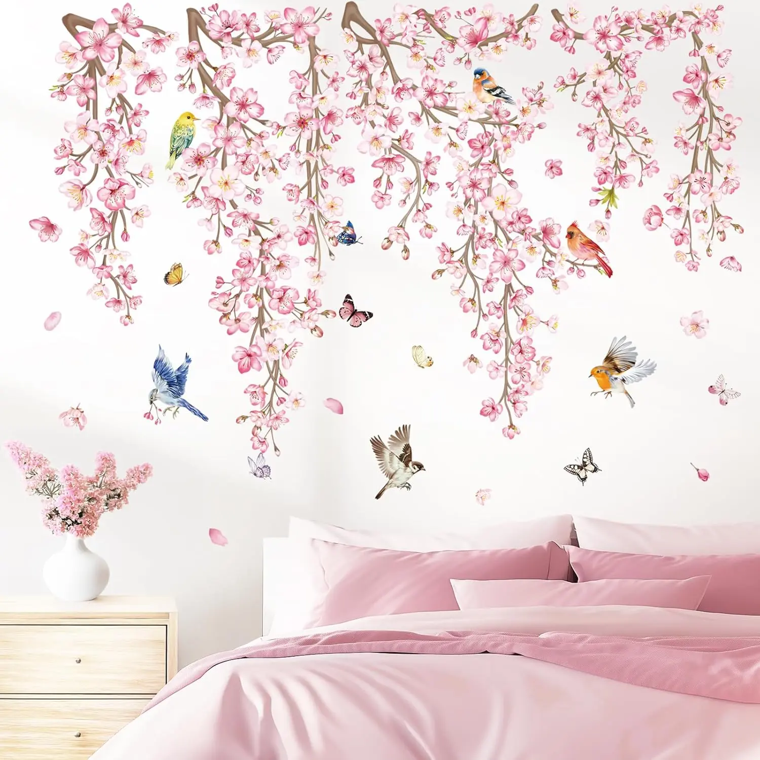 Cherry Blossom Flower Vine Wall Stickers Pink Hanging Floral Tree Branch Birds Peel and Stick Wall Art Decals for Bedroom Living Room Sofa
