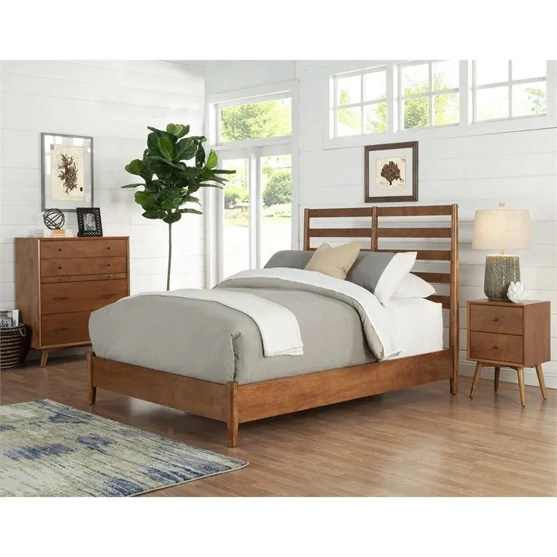 Alpine Furniture Flynn Retro California King Bed w/Slat Back Headboard, Acorn 1066-27CK