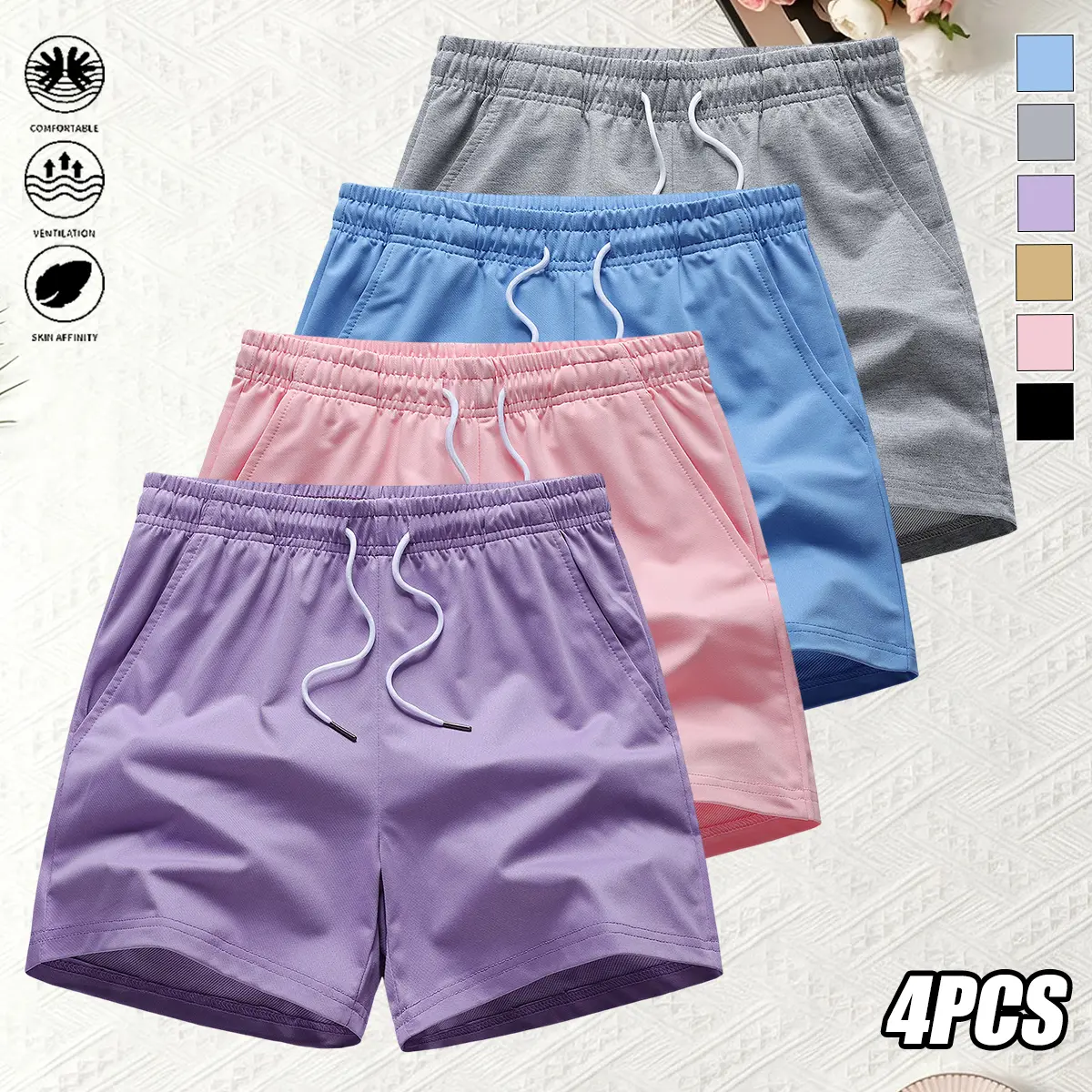 4 Pack Women's Casual Athletic Shorts in Solid Polyester, Mid Waist with Drawstring and Pockets for Summer Workouts, Polyester Clothing, Short Length