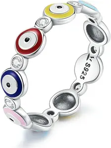 Evil Eye Ring for Women Girls 925 Sterling Silver Blue Hamsa Evil Eyes Enamel CZ Rings Dainty Turkish Greek Colorful Eyes Ojo RingsJewelry Gifts,Size 5 to 10